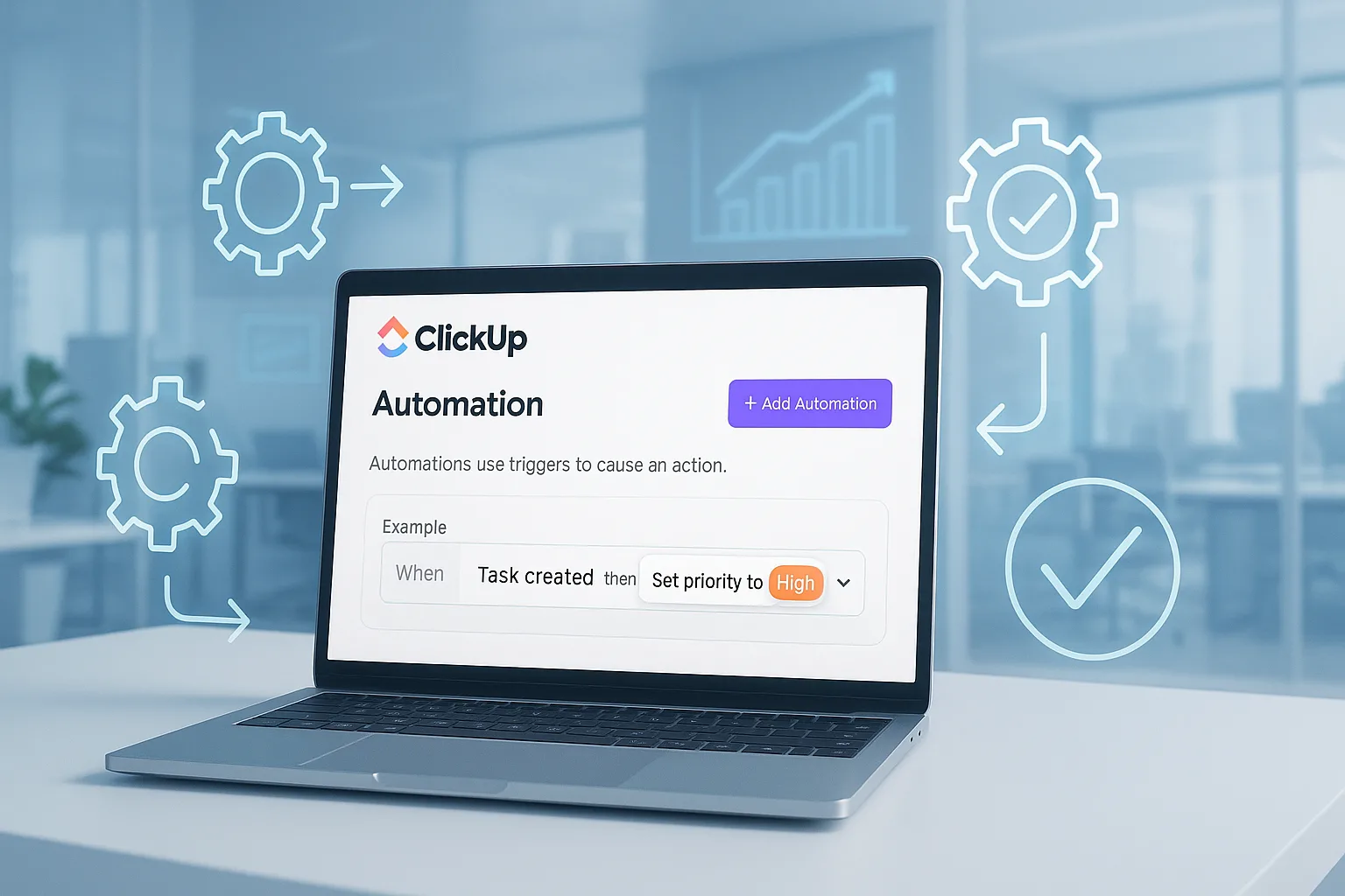 현대적인 오피스 환경에서 노트북 화면에 ClickUp