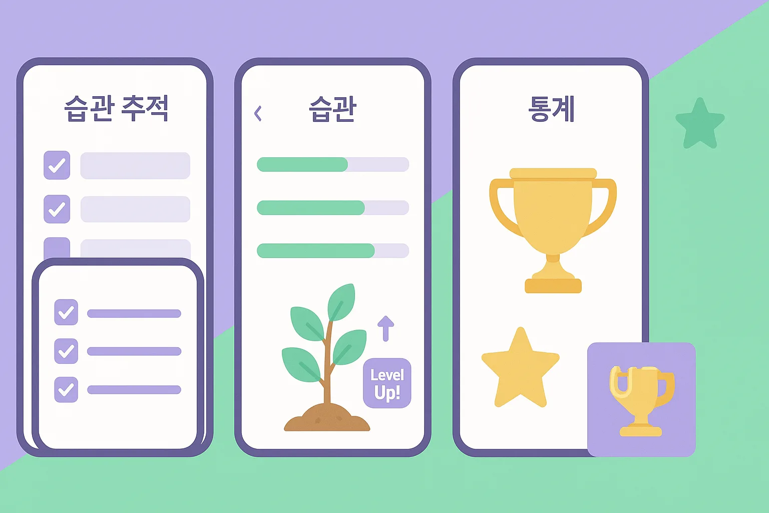 모바일 화면에 표시된 다양한 습관 추적 앱들