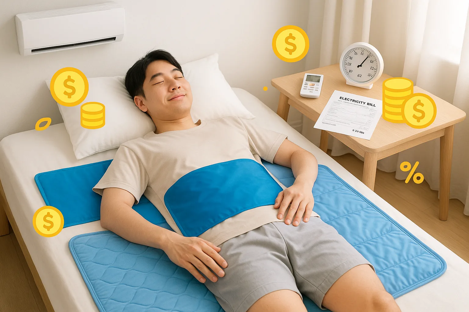 여름철 에어컨 전기요금 절약을 위한 쿨링패드 사용 모습을 보여주는 이미지