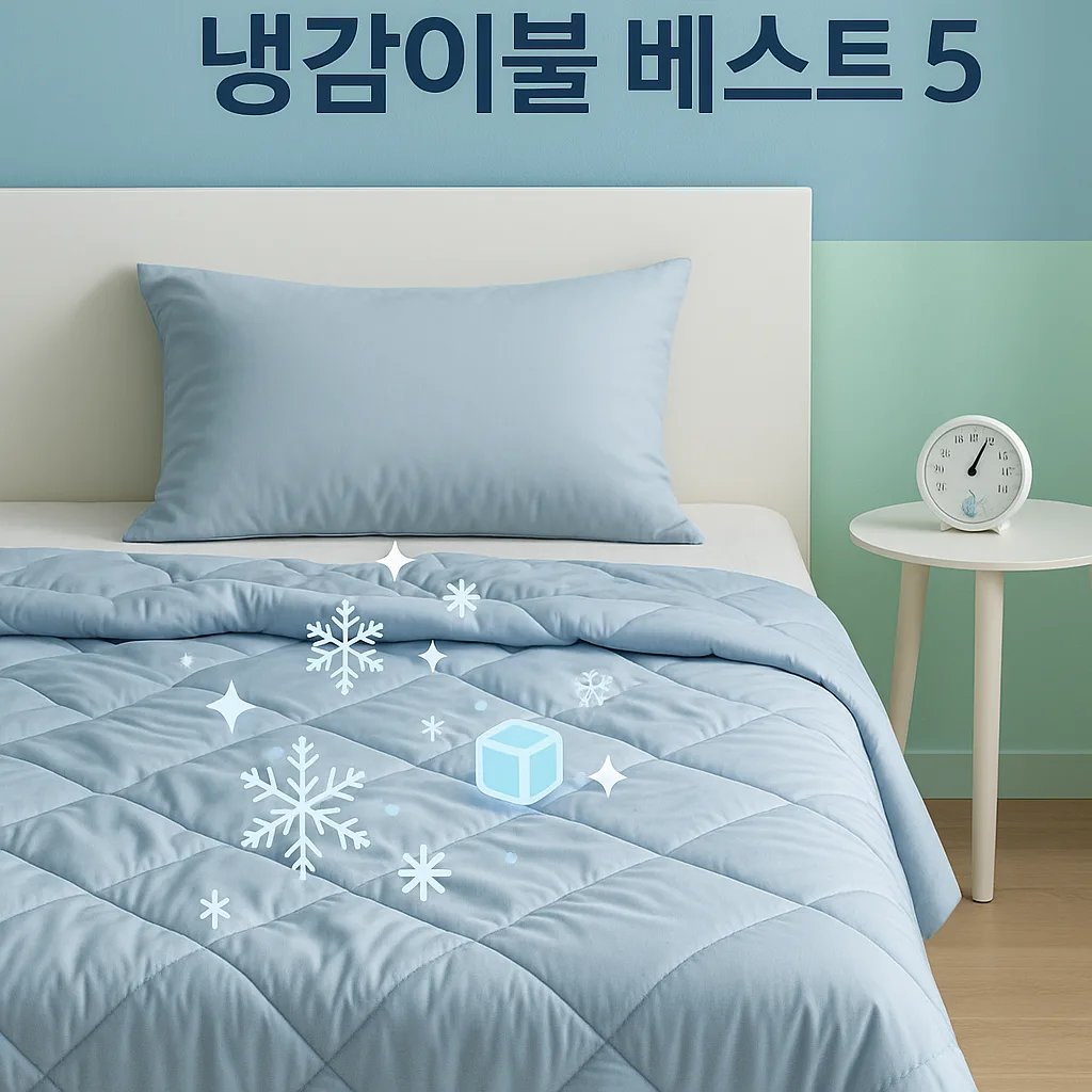 시원한 파란색과 민트색 톤의 침실 배경에서 깔끔하게 정리된 침대 위에 부드럽고 시원해 보이는 냉감 이불이 예쁘게 놓여있는 모습