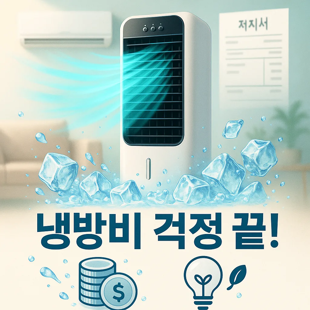 여름 무더위 속에서 시원한 바람이 나오는 현대적인 냉풍기가 거실 중앙에 놓여있고, 주변에 시원해 보이는 얼음과 물방울 효과가 있는 이미지