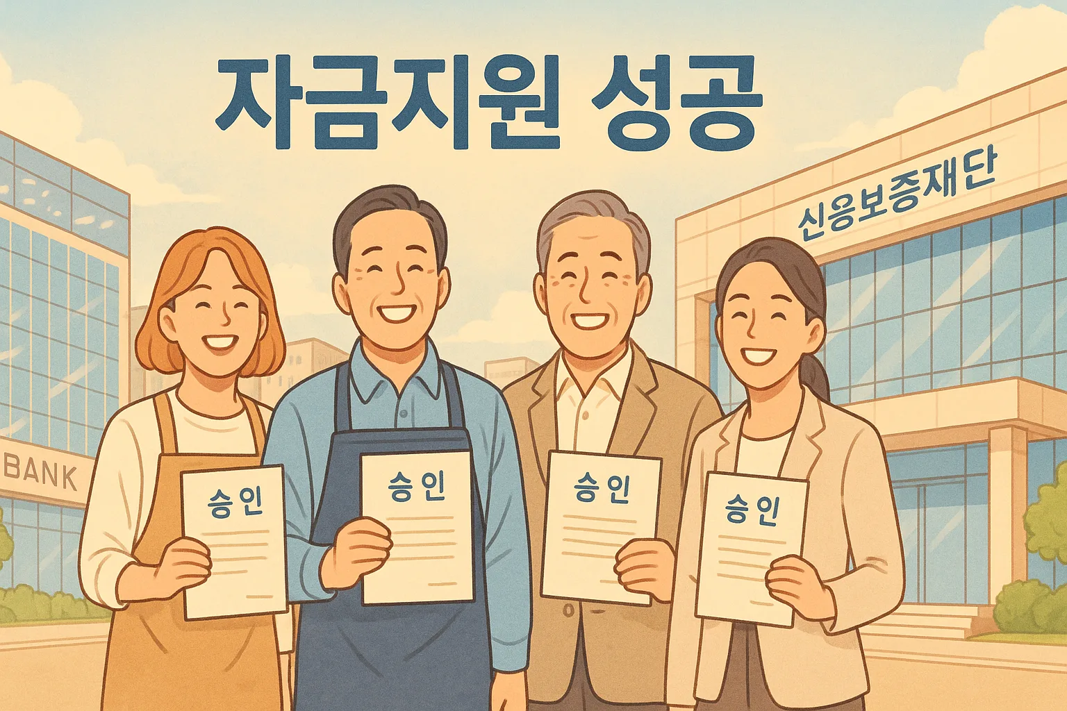 신용보증재단 건물 앞에서 웃고 있는 소상공인과 자영업자들
