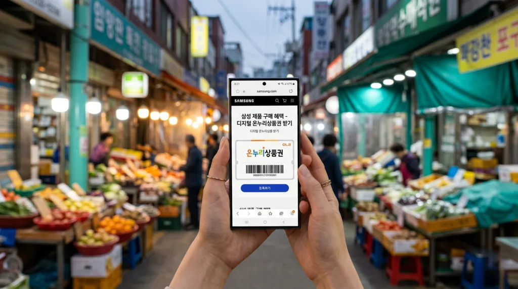 활기찬 한국 전통 시장 야경을 배경으로, 삼성 갤럭시 스마트폰 화면에 samsung.com의 '디지털 온누리상품권 받기' 혜택과 '등록하기' 버튼이 표시된 모습을 클로즈업한 라이프스타일 사진. 얕은 피사계 심도로 손과 화면을 강조.